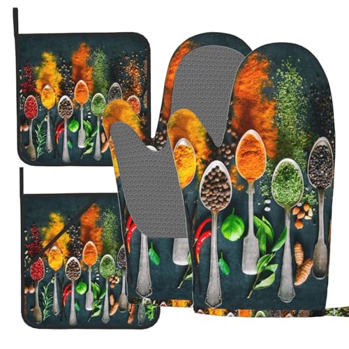 Different Kinds of Spices Placed in Spoon Oven Mitts and Pot Holders Sets of 4, Chili Pepper Silicone Oven Mitts Heat Resistant, Non-Slip BBQ Gloves for Kitchen Cooking Baking Grilling Microwave