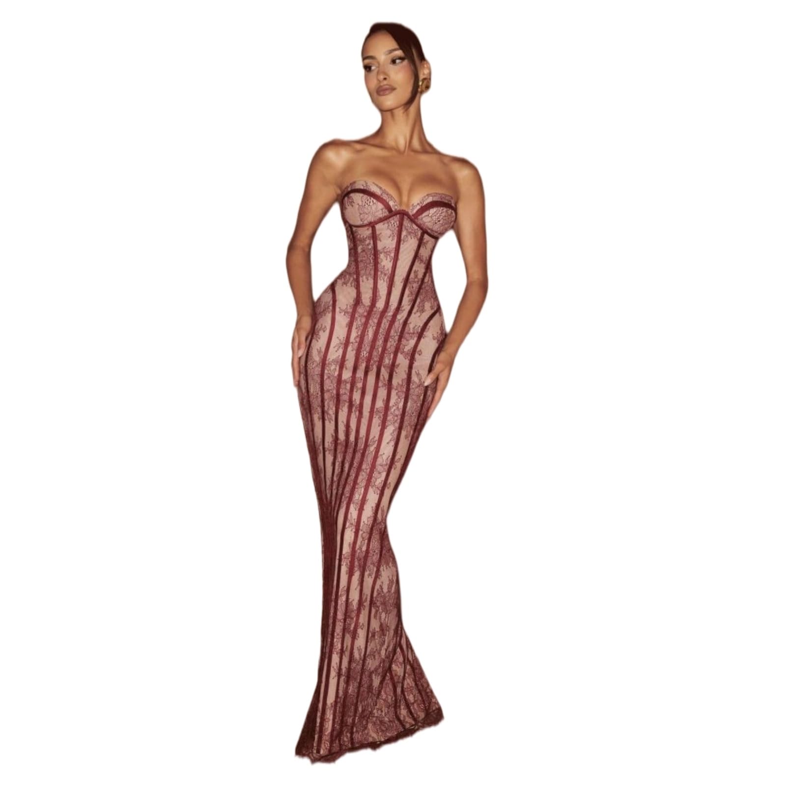 Vestito Donna Elegante Pizzo Maxi Abito Senza Spalline Tesoro Scollo Sottile da Sera in Vita per Festa Formale-Black-s