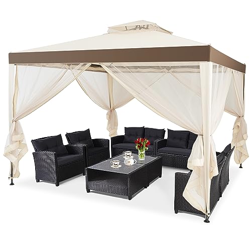 COSTWAY Gazebo da Giardino 3 x 3 m, Gazebo da Esterno con Zanzariera, Doppio Tettuccio e 4 Tendine Poliestere Laterali, Impermeabile, Struttura in Metallo, per Giardino, Patio e Cortile (Beige)