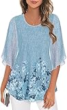 Ninedaily Womens Fall Tops,Tunic Blouses Dressy Casual Layered Shirts Curve Ladies Clothes Boho Floral Blouses Women Miss Young Lady Pretty Elegant Outfits Flutter 3/4 Sleeve Party Club Night Cyan M