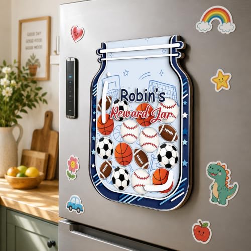 Image of Personalized Sports Magnetic Reward Jar for Kids, Potty Training Toddlers | Wooden Positive Behavior Tool with Acrylic Sports Tokens, Classroom Reward Jar, Back to School Gifts, Class & Home Decor