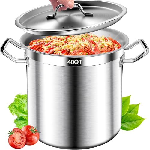 Image of 40 Quart Stainless Steel Stock Pot with Lid, Heavy Duty Tri-Ply Bottom Commercial Grade Large Soup Pot for Cooking Pasta, Stew, Restaurant Catering, Gas Safe