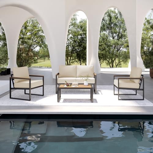Image of Aoxun Patio Furniture Set, 4 Piece Outdoor Patio Furniture with Thick Cushions, Modern Metal Outdoor Conversation Sets with Coffee Table for Porch, Balcony, Deck Beige