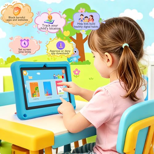 Image of Kids Tablet 7 inch Android 12.0 for Toddler, 4GB RAM 32GB ROM Bluetooth IPS Screen Parental Control Dual Camera Shockproof Case for Educational Games (Blue)