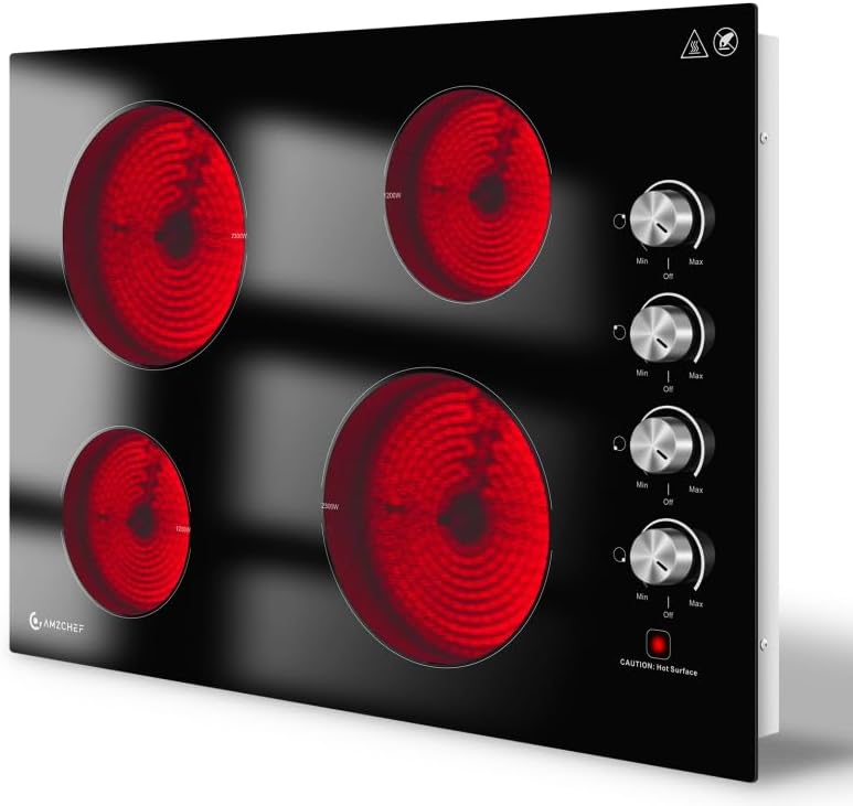 30 Inch Electric Cooktop, Built-in with 4 Burners Max 7000W with 30" Glass Ceramic Cook Top,Knob control, Hot Surface Indicator,220V - 240V Hard Wire, No Plug