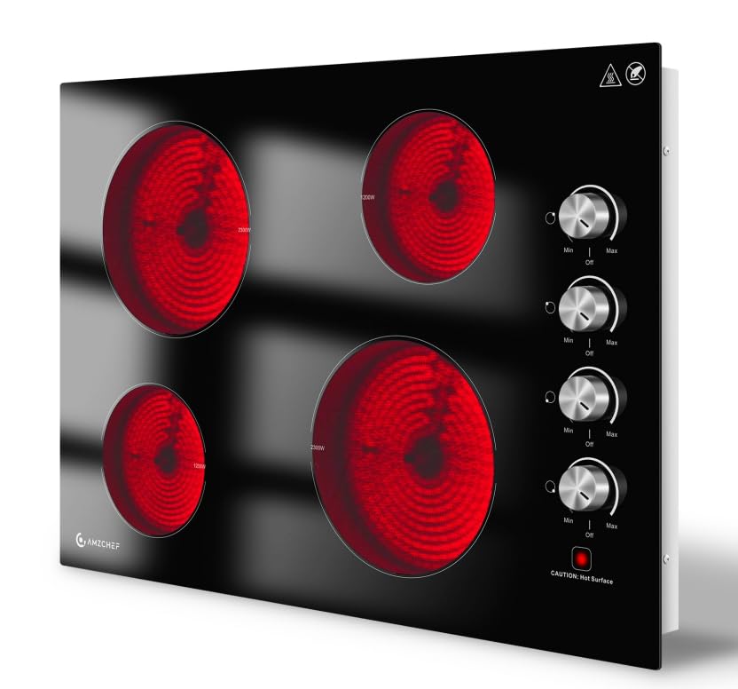 AMZCHEF 30 Inch Electric Cooktop, Built-in with 4 Burners Max 7000W with ETL Safety Certified, 30" Glass Ceramic Cook Top,Knob control, Hot Surface Indicator,220V - 240V Hard Wire, No Plug
