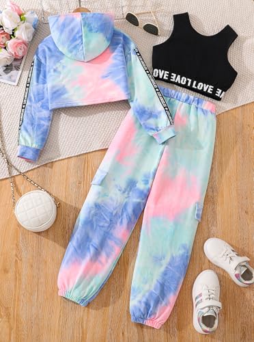 Image of Hilinker Girls Graphic 3 Piece Outfits Workout Hoodie Crop Tank and Sweatpants Set