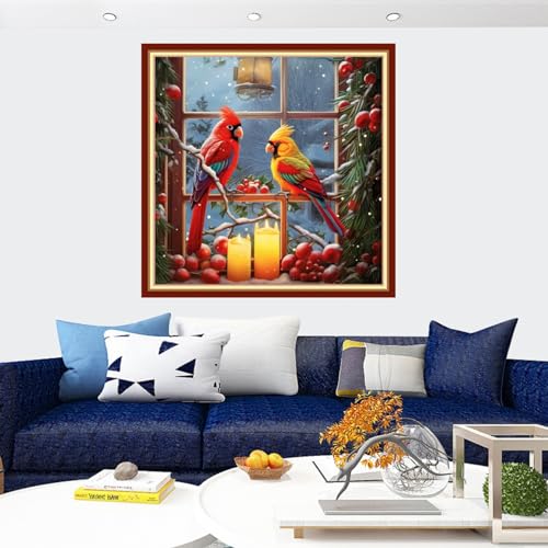 Image of Findvoor Stamped Cross Stitch Kits for Beginners Full Range of Cross Stitching Embroidery Pattern for Adults, 11CT DIY Needlepoint Embroidery Starter Kits-Christmas Bird 17.7x17.7 inch