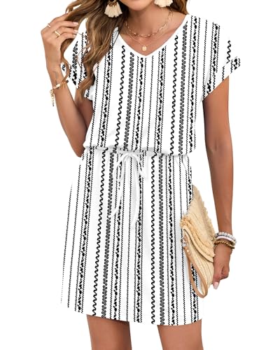 Image of AUSELILY Womens Summer Mini Dress, Short Sleeve V Neck Drawstring Casual | Soft smooth drape with an adjustable drawstring waist for beach, casual outings and daily wear