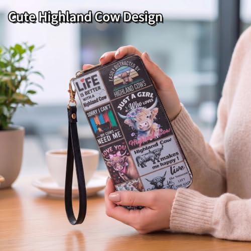 Image of Checkered Highland Cow Print Book Wallet For Women Skull Goth Frog Butterfly Ladies Cluth Wristlet Wrist Strap Long Purse Zip Around Card Holder