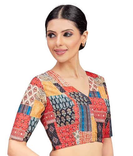 Image of Studio Shringaar Women's Cotton Patchwork Printed Readymade Saree Half Sleeve Blouse