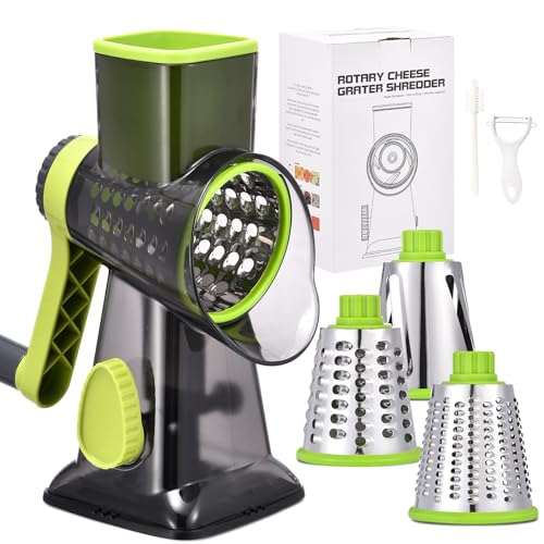 Image of Rotary Cheese Grater with Handle Kitchen Shredder Slicer Grater Slicer Ice Shaver Cheese Vegetable Nuts Potato Zucchini Chocolate 3 Interchangeable Blades (Green TSP)