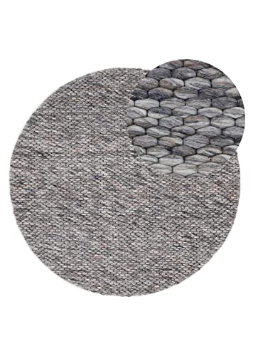 carpetfine Wollteppich Sina weicher handweb Teppich Natur Rund Grau meliert Ø 80 cm | Zeitloser...