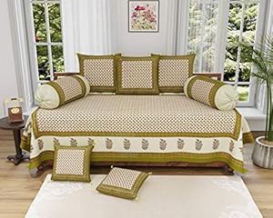 Trency 150 GSM Cotton Printed Designer Diwan Set - 1 Single Bed Sheet with 5 Cushions Covers and 2 Bolster Covers (Light Green, Standard) - 8 Pieces