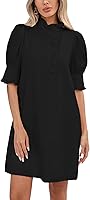 YEXPINE Women's Puff Short Sleeve Ruffle Collar A-Line Mini Dress with Pockets - 100% Cotton Summer Shift Casual Dress