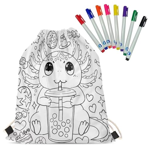 Fkwergsy Axolotl DIY Coloring Drawstring Backpack for Kids Ages 4-12, Color Your Own Soccer Drawstring Bag Crafts with 8 Pcs Markers