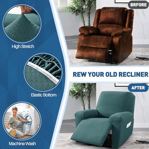 Image of YEMYHOM 4 Pieces Oversized Stretch Recliner Slipcover Jacquard Large Recliner Chair Cover with Side Pocket Anti-Slip Fitted Furniture Protector (X-Large Recliner, Peacock Blue)