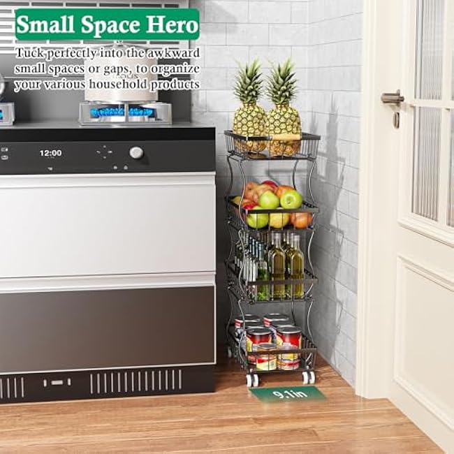 Fruit Basket, 4-Tier Small Kitchen Organizer and Storage Cart on Wheels, Rolling Pantry Snack Cart with Handle for Storing Fruit, Potato, Onion, Snacks, Vegetables, Bread, Produce-mB6z3s8y