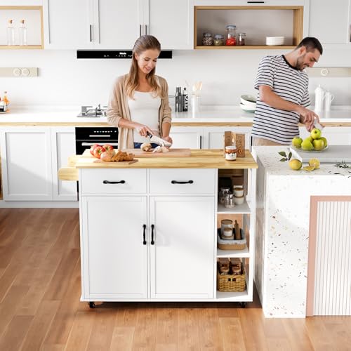 GarveeHome Kitchen Island Cart with Rolling Design, Drop Leaf, 2 Storage Cabinets, 2 Drawers, 3-Tier Spice Racks, and Towel Holder for Home Dining Room