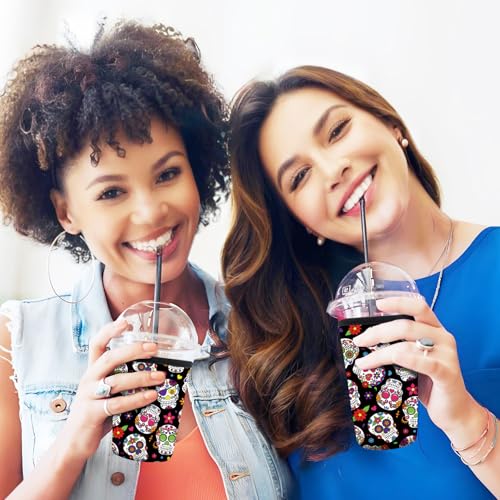 Image of 3 Pack Reusable Neoprene Insulator Sleeve for Iced Coffee Cups, Funny Coffee Cup Sleeves for 16-32oz Coffee cups, Cute Drink Sleeve for Cold Hot Beverages Cute Floral Skull