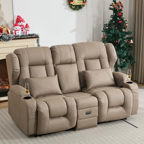 Image of SAMERY 67.6 inch Loveseat Recliner Sofa | Double Recliner Sofa & Console | Wall Hugger Loveseat Reclining RV Theater Seats | RV Couch Home Theater Seating Furniture (Fabric Khaki)