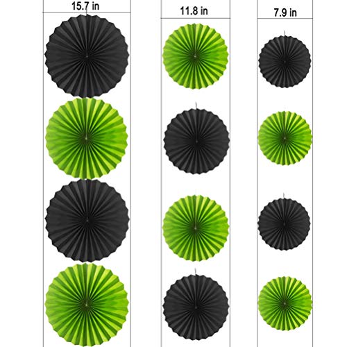 Image of MOWO Black Green Paper Fans Hanging Decoration, 12pc | Jungle Tropical Summer Football Sports birthday graduation wedding retirement baby shower new year party decoration