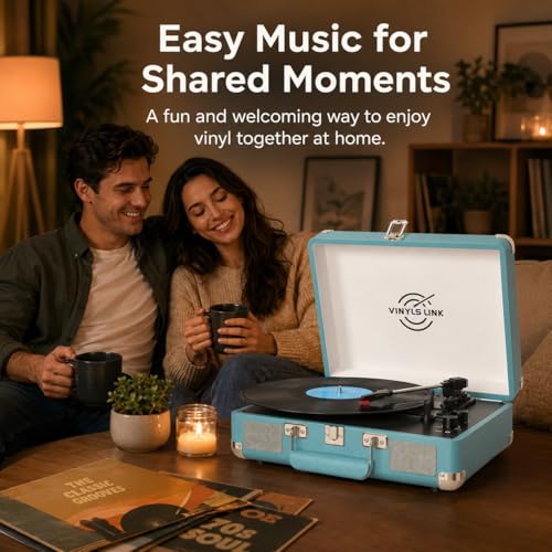 Image of Vinyl Record Player 3-Speed Bass Control Bluetooth Suitcase Portable Belt-Driven Record Player with Built-in Speakers RCA Out Headphone Jack Vintage Turntable Blue
