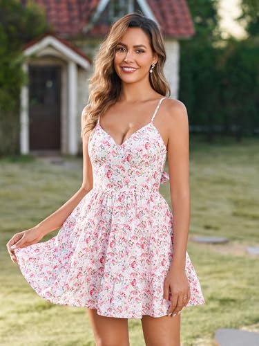 Image of HTZMO Women Summer Floral Mini Sundress Bow Tie Short Dress | V Neck Backless Ruffle A Line Flowy Cute Dresses, Boho Beach Casual Vacation Homecoming Graduation 2026