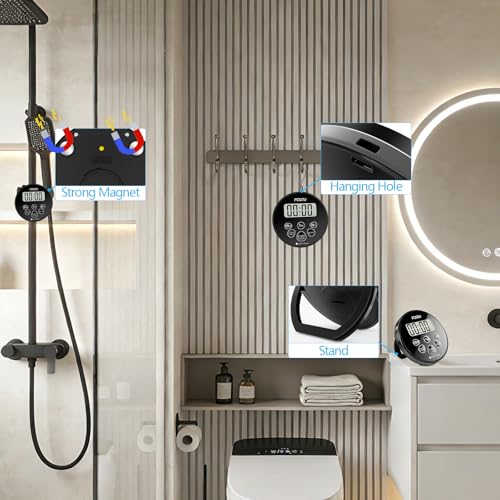 FCXJTU Digitaler wasserdichter Duschuhr-Timer, IPX7 Badezimmer-Dusche-Countdown-Timer, 12/24-Stunden-Uhr, einfache Einrichtung für Küchenpool mit Alarm, magnetischer Rückseite, Ständer, Dunkelschwarz