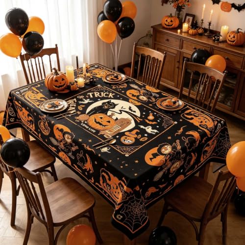 Halloween Decor Tablecloth 60''x84'' Rectangular Black Cat, Moon & Pumpkin - image 6