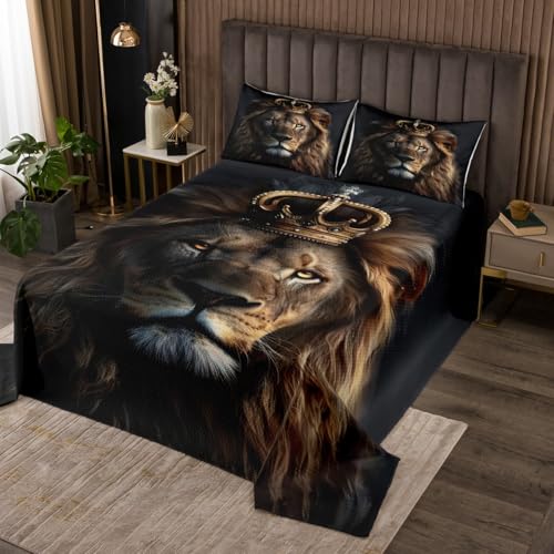 Manfei Wild Lion Bedspread Twin Size, Jungle Animal Theme Coverlet Set 2pcs, African Wildlife Quilted Coverlet with 1 Pillowcase, Kids Boys Teens Room Decor, Soft Bedding Quilt