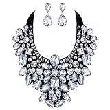 Flyonce Costume Jewelry for Women, Rhinestone Crystal Statement Necklace Earrings Set Silver-Tone Clear