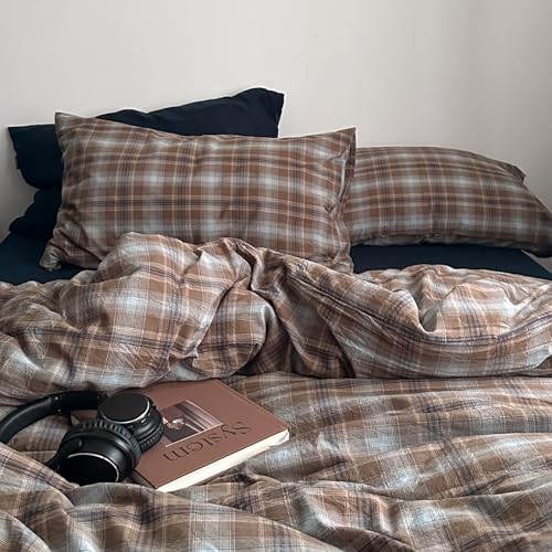Image of EAVD Vintage Plaid Duvet Cover Full Soft 100% Washed Cotton Bedding Set Retro Brown&Blue Grid Checkered Bedding Set with 2 Pillowcases Farmhouse Neutral Plaid Gingham Comforter Cover with Zipper