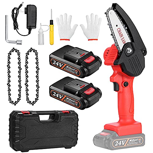 Mini Chainsaw Cordless, 4-Inch Power Chain Saw with Oil Bottle 2pcs Rechargeable 24V 2500mAh Battery Handheld Chainsaw Kit with 2 Chains & Charger Portable Chain Saws Tree Trimming Branch Wood Cutting