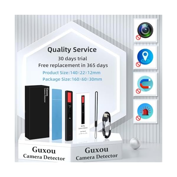 Guxou camera detectors with service guarantees and product dimensions.