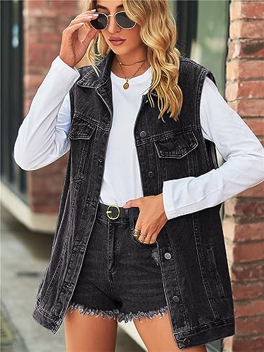 Image of PAODIKUAI Women's Oversized Denim Vest - Sleeveless Distressed Jean Vest with Pockets for Casual Layering