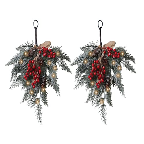 Wnvivi 2 Pcs Christmas Teardrop Floral Swag,19.7inch LED Hanging Christmas Red Berry Teardrop Wreath,Artificial Floral Swag for Front Door Wall Decor-with Light