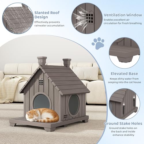 GULAIMOAO Outdoor Cat House Weatherproof, Resin Cat Houses for Outdoor Cats, Cat Box Enclosure with Elevated Base, Cat Bed with Anti-Slip Pad, Ventilation, Grey by GULAIMOAO - Image 5