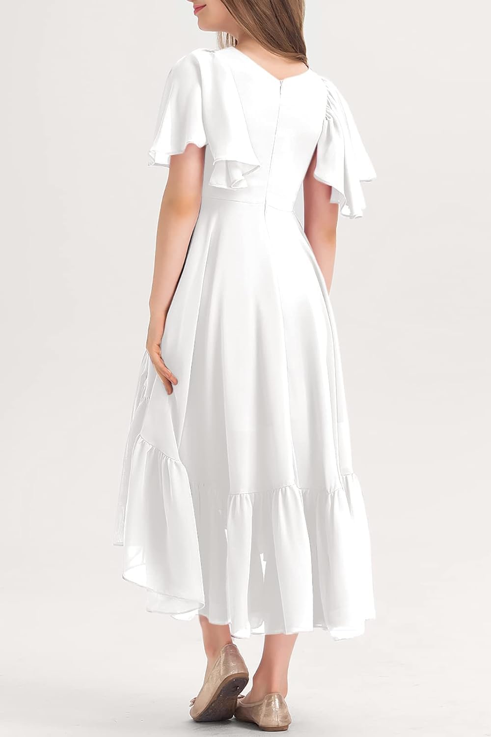 Haloumoning Robe d'été pour fille - Col en V - Robe à volants - Décontractée - Robe trapèze - Robe de soirée longue et élégante