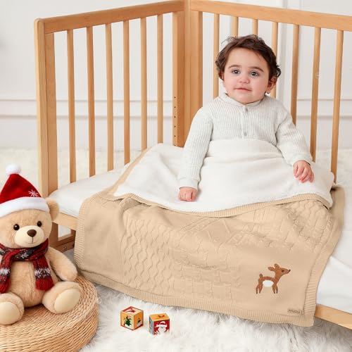 Image of Cotton Knit Baby Blanket with Plush Fleece, 31x40 Receiving Blanket for Newborn Boys & Girls, Soft Warm Stroller Blanket with Deer Embroidery, Box