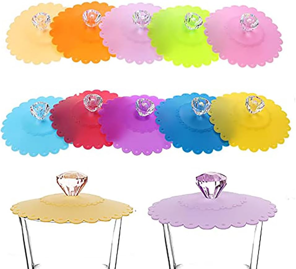 6PCS Silicone Cup Lids Transparent Diamond with Flower Pattern, BPA Free, Dust Proof, Leak Proof, Microwave Safe, 6 Random Colors, 10.5cm Diameter, 6 Pieces per Order