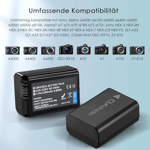 Onshida NP-FW50 Akku 2 Pack 1200mAh Batterie Ladegerät für Sony ZV-E10 Alpha A6000 A6500 A6300 A5100 A7II A7RII A7SII A7S A7S2 A7R A7R2 A3000 A33 A35 A37 A55 RX10 NEX5 Kamera