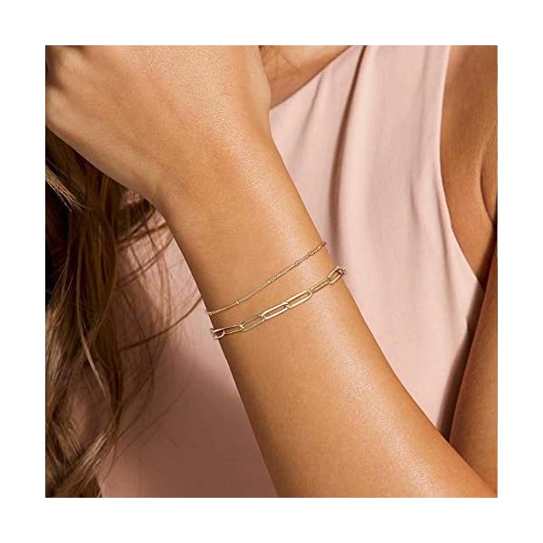Turandoss Gold Bracelets for Women, 14K Filled Layering Oval Chain Bracelet Cute Layered Beads Women Jewelry(Oval & Chain)