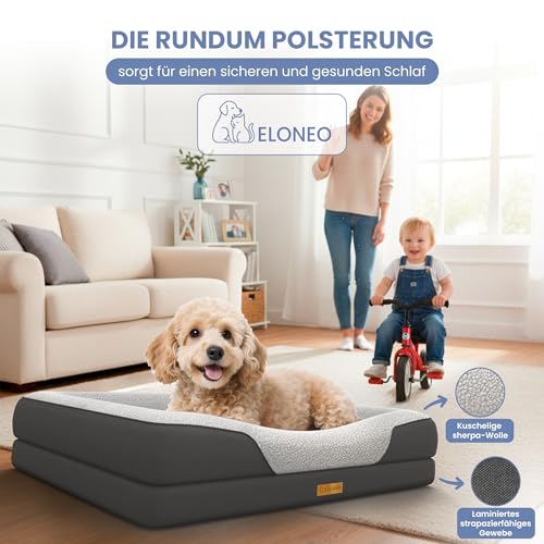 ELONEO orthopädisches Hundebett kleine Hunde - 76x51x17cm, Hundekorb mit Memory Foam, Hundematte wasserdicht und waschbar, Hundekissen, Hundematratze mit weicher Polsterung, grau