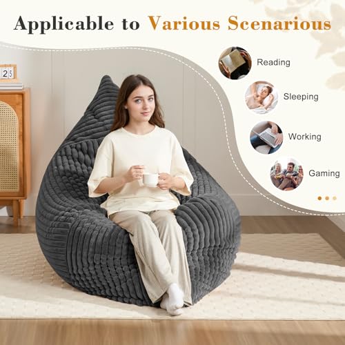 Image of 3-in-1 Giant Bean Bag Chair for Adults & Kids, Convertible Floor Sofa to Mattress, Memory Foam Beanbag Chair with Washable Cover, Multi Functional Lounge Couch for Bedroom, Living Room (Dark Grey)