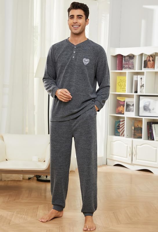 U2SKIIN Mens Henley Collar Pajama Set Long Sleeve Pajamas for Men loungewear Casual Sleepwear Pjs Set4