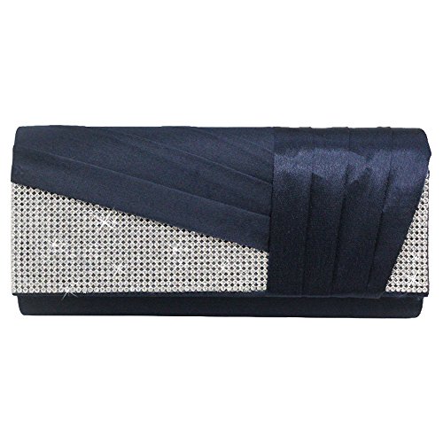 Wiwsi Womens Satin Clutch Bag Elegant Diamante Crystal Evening Handbag for Bridal Wedding Party(Navy Blue)