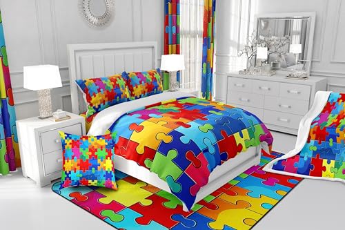 Erosebridal Jigsaw Puzzle Bedding Sets 3D Building Blocks Duvet Cover Queen,Colorful Comforter Cover Kids Boys Bricks Bed Set Rainbow Gradient Room Decor For Teen Girls,Red Blue Teal Yellow thumb #3