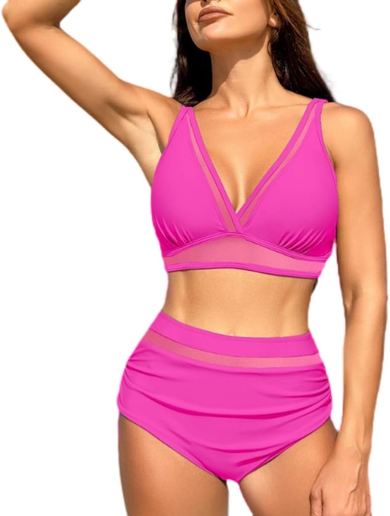 Catalpalev 2025 Women's Two Piece Solid Color Swimsuit High-Waisted Slimming Bikini Set Quick Dry Beach Swimwear