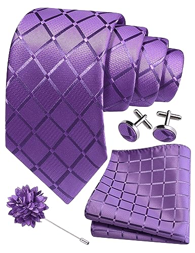 Image of GUSLESON 3.15 inch(8cm) Mens Tie and Lapel Pin Plaid Checkered Necktie Hankerchief Cufflinks Set for Men